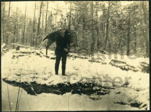 P07913 Hunter carrying deer over his shoulder through snowy woods.