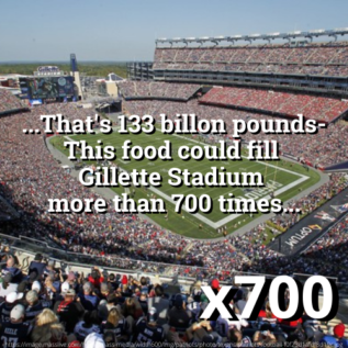 Picture of Gillette Stadium with the text, "...Thats 133 billion pounds- This food could fill Gillette Stadium more than 700 times..."