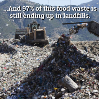 image of a landfill with the text, "...and 97% of this food waste is still ending up in landfills"