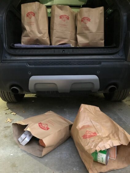 image of a car with 3 grocery bags in the back, and two grocery bags that have fallen on the ground. Represents that 40% of food is wasted