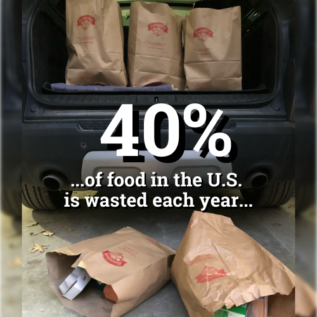 image of 5 grocery bags with a car, two are spilled on the ground, three are still left in the car, with text, '40% of food in the U.S. is wasted each year'