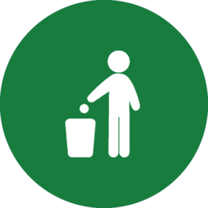 green icon with a person throwing an item of trash into a trashcan