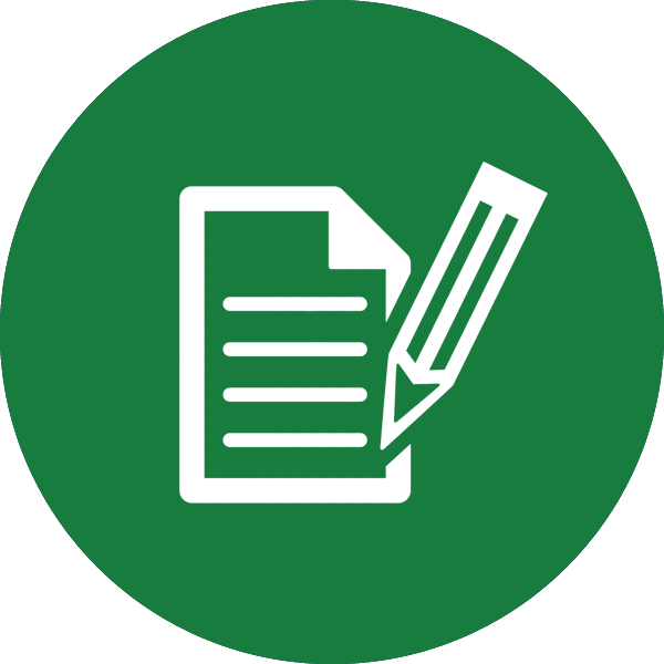 a green icon with paper and a pencil
