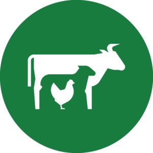 green icon with a graphic of a chicken, goat, and cow