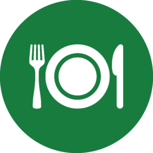 green icon with graphic of a plate with utensils