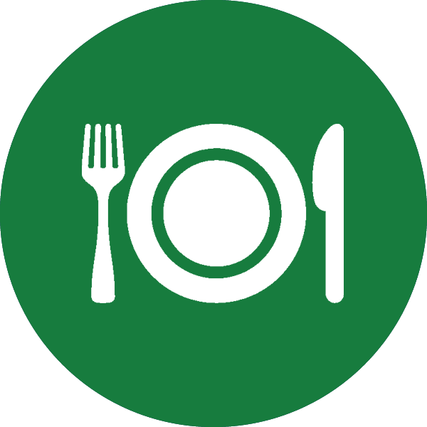 green icon with graphic of a plate with utensils