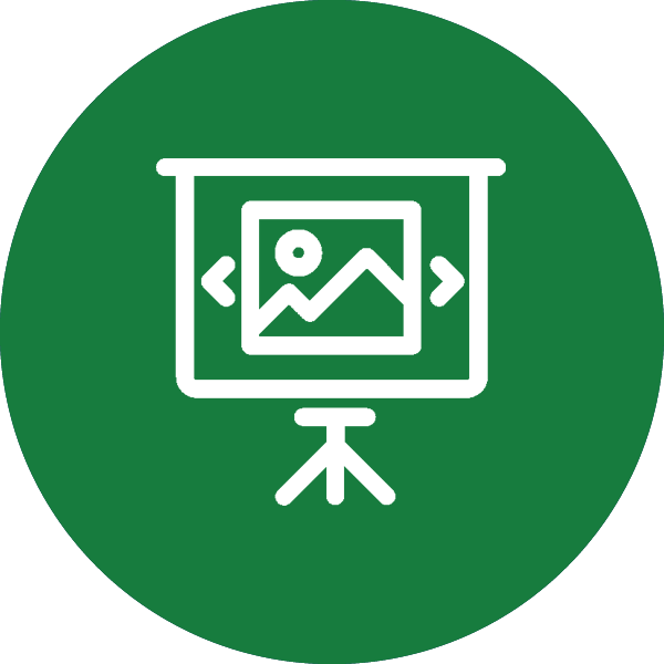 green icon with a graphic depicting a presentation