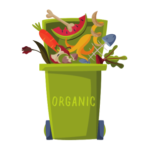 icon of a organics bin with half eaten foods coming out of the top