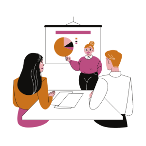 icon of a woman making a presentation to two people