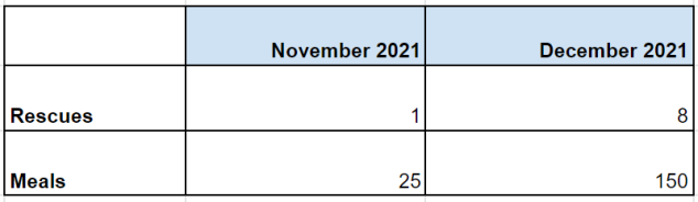2021 Food Rescue report table showing that in November of 2021, one food rescue delivered 25 meals, and in December of 2021, 8 food rescues delivered 150 meals