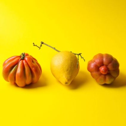 Three squash against a yellow background