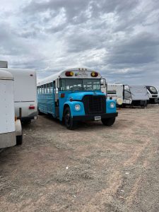 A picture of the front of the Feeding Laramie Valley Mobile Market bus.