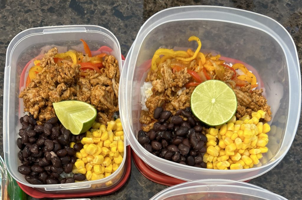 Overhead view of two burrito bowls