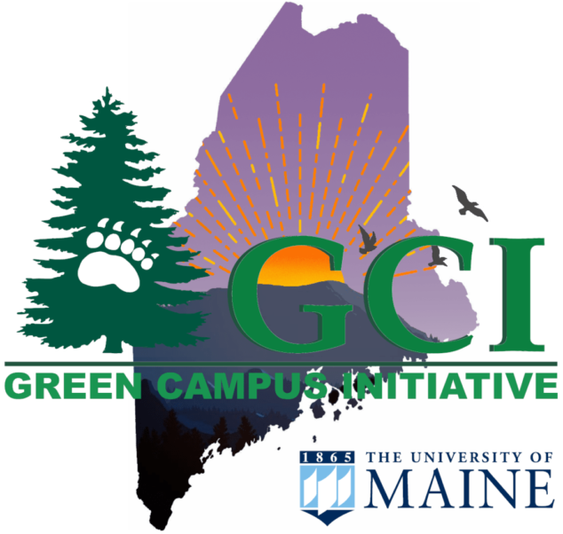 Green Campus Initiative Logo over outline of Maine