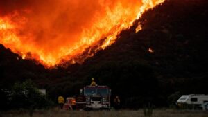 Fire on a mountain with firetruck