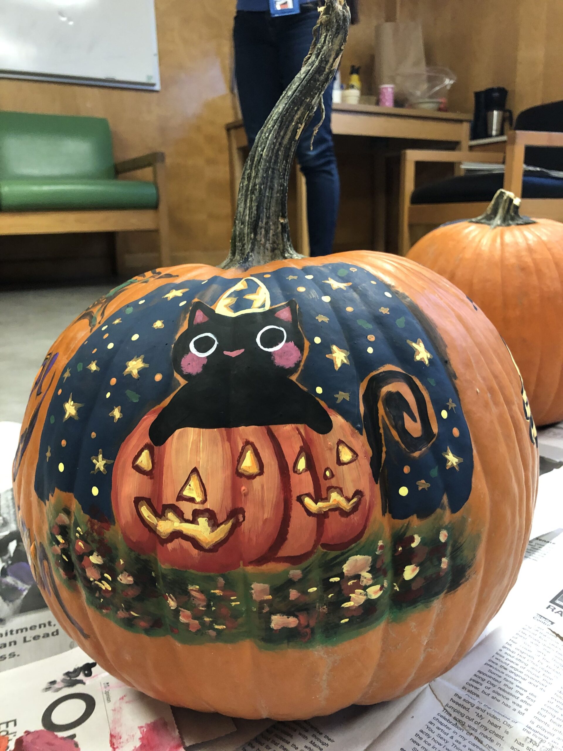 Pumpkin Painted with two pumpkins and a cat