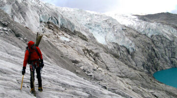 person with snow gear on glacier