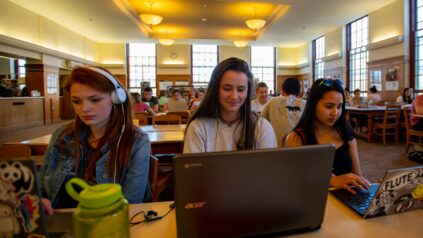 Image of three individuals sitting in Fogler Library studying