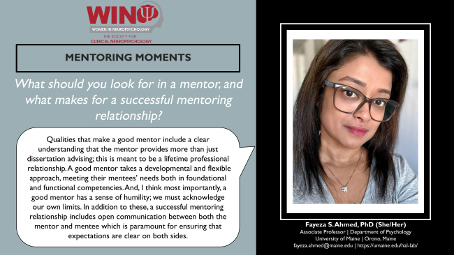 A photo of Fayeza Ahmed accompanying her feature in the Society for Clinical Neuropsychology's Women in Neuropsychology Mentoring Moment