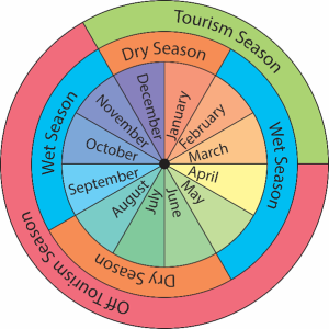Figure 1. A diagram showing how seasons, months, and tourism seasons overlap, demonstrating that there is a complex relationship between seasonality, tourism, and the potential spread of disease.
