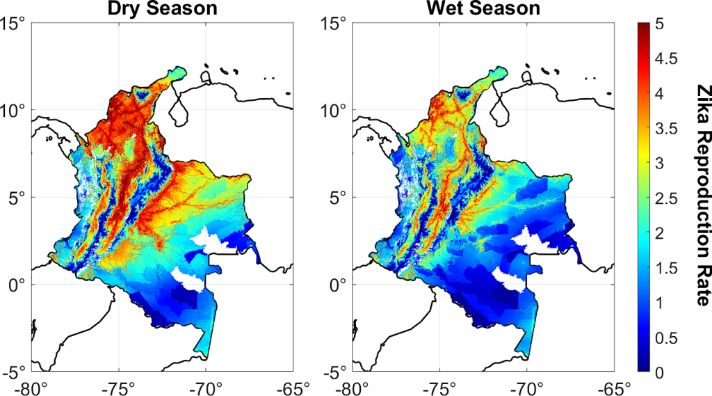 Dos mapas señalando la estación seca y húmeda, demostrando que se reproduce Zika rápidamente en la temporada seca.