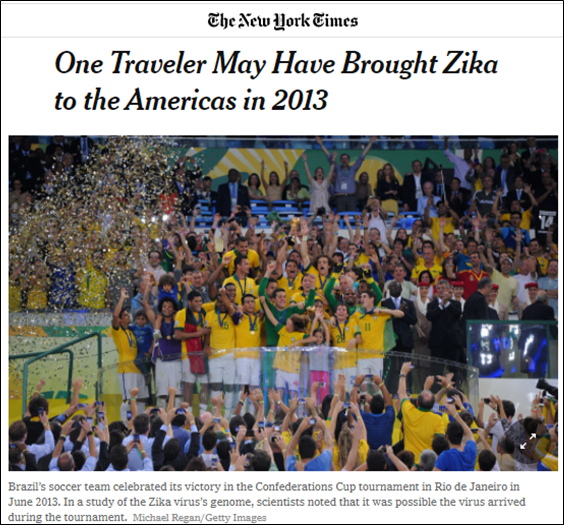 A screenshot of an article that says 'One Traveler May Have Brought Zika to the Americas in 2013'