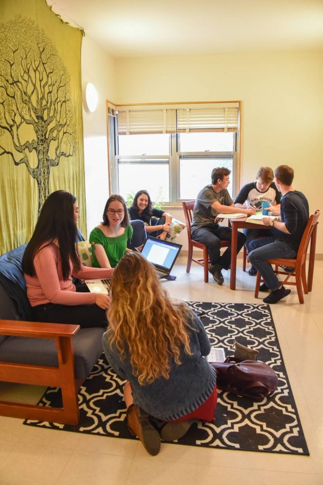 Students using laptops and studying together in a dormitory common room.