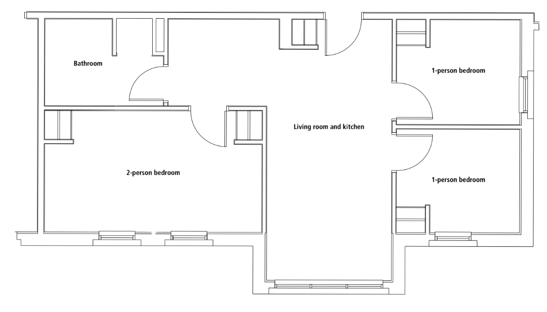 Patch Hall floor plan featuring bathroom, living room and kitchen, 2-person bedroom, and two 1-person bedrooms.