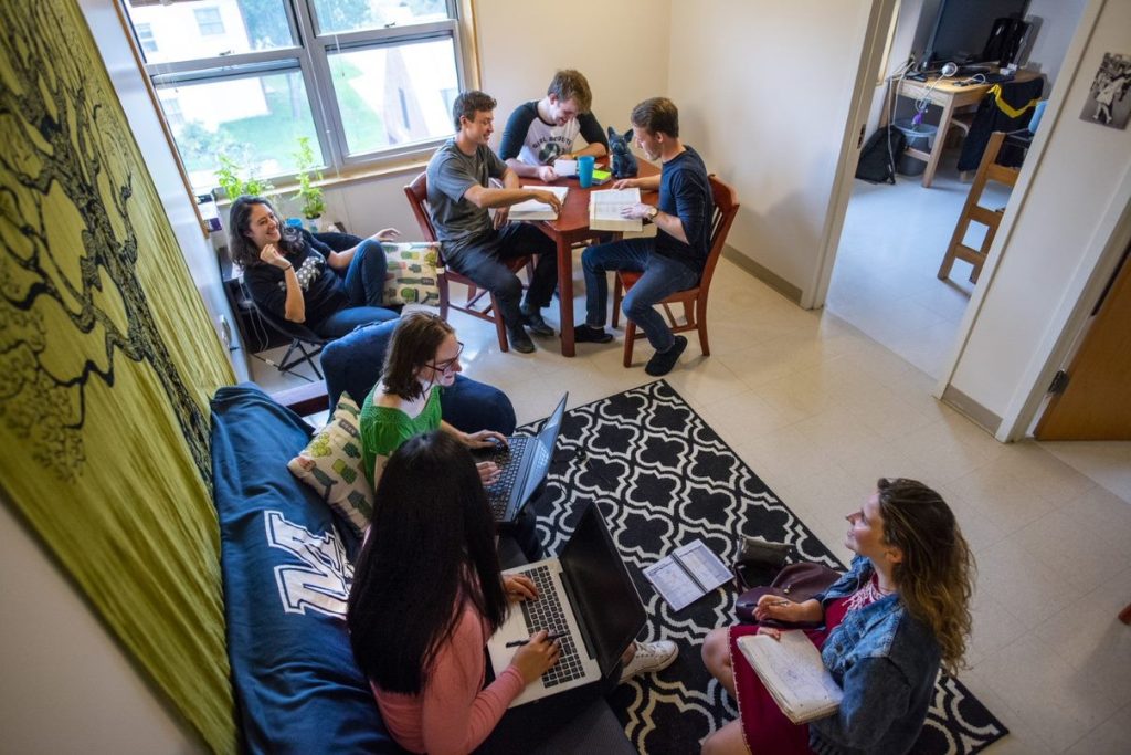 Graduate students studying in common room