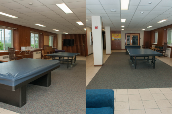 Dual image of Aroostook Hall lounge with ping-pong & pool tables