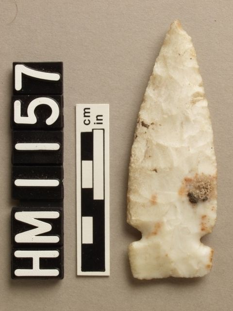 A stone projectile point in the form of a long triangle with notches along the side near the base. Flaked from a pale stone.