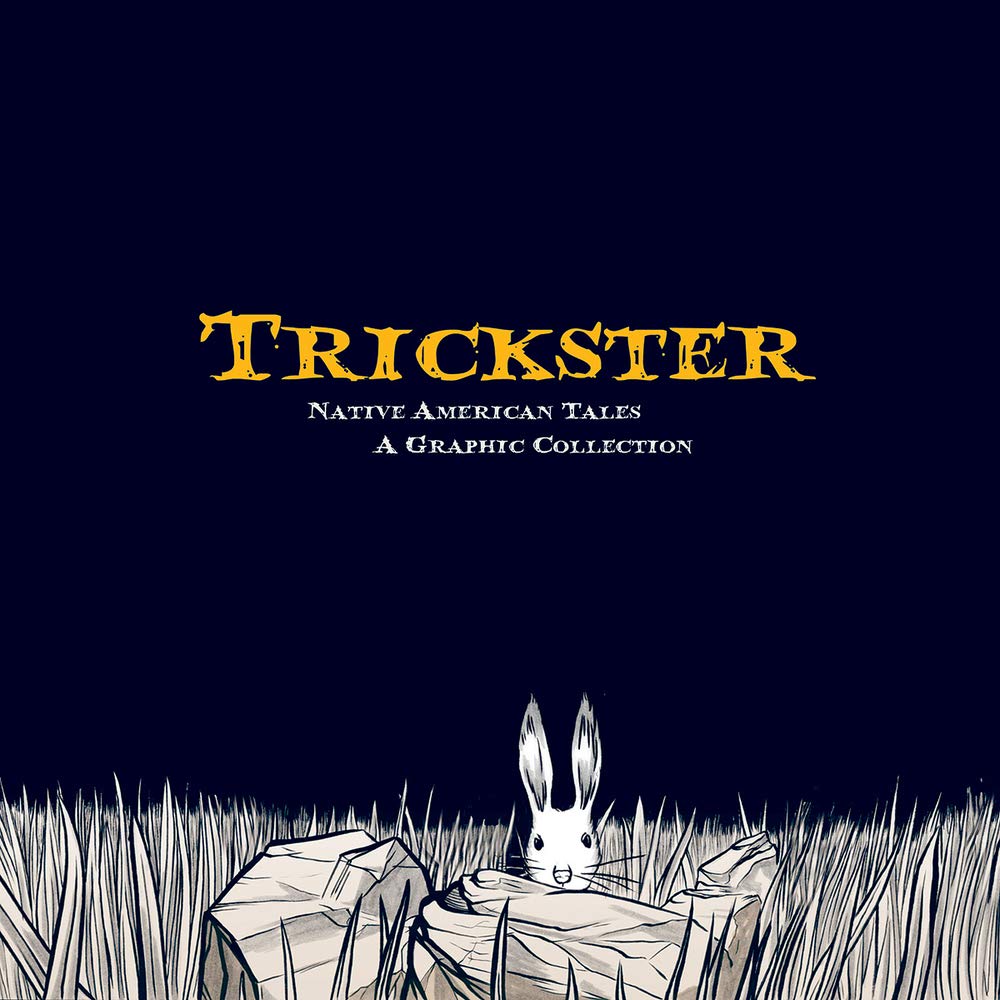 Book cover - Mostly black with a drawing of a rabbit hiding behind a stone in a field at the bottom.