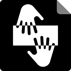 A black and white symbol showing hands and a rectangle. Indicates "open to collaborate".