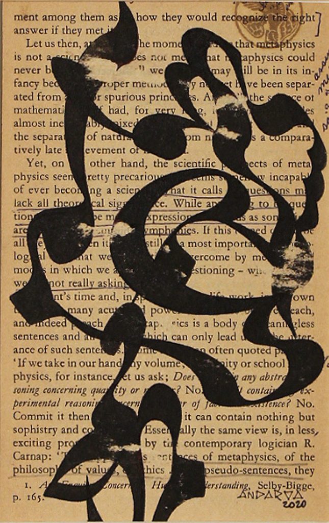 Farsi calligraphy in black ink on a piece of printed paper as a background. 