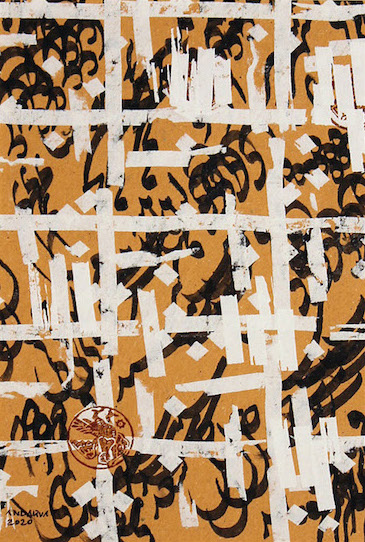 Black Farsi Calligraphy over an orange background with overlapping white lines overtop in the foreground. The result is a very angular, chaotic composition.