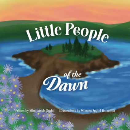 Book cover showing a drawing of a small island in a bay with flowers in the foreground. Text: Little People of the Dawn.