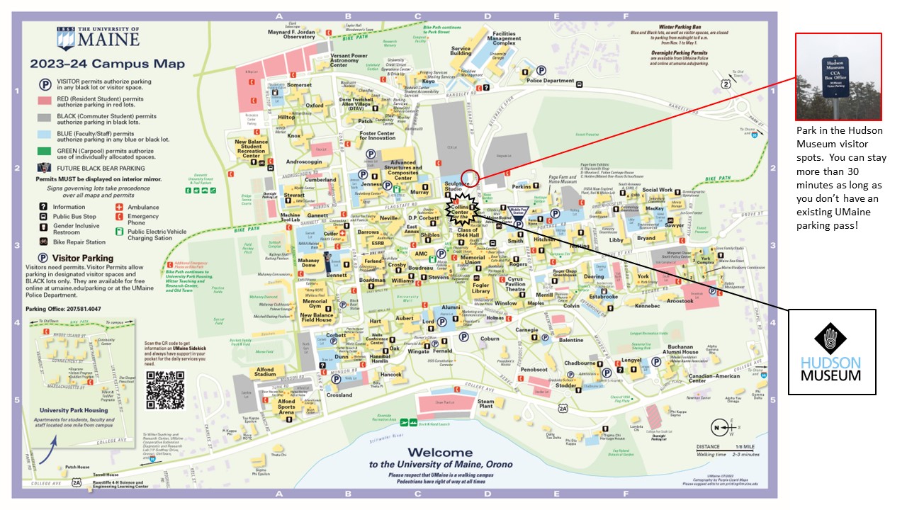 Map of UMaine campus with locations for parking and of the Hudson Museum indicated.