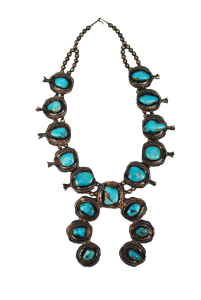 Image of a silver and turquoise necklace from the American Southwest.