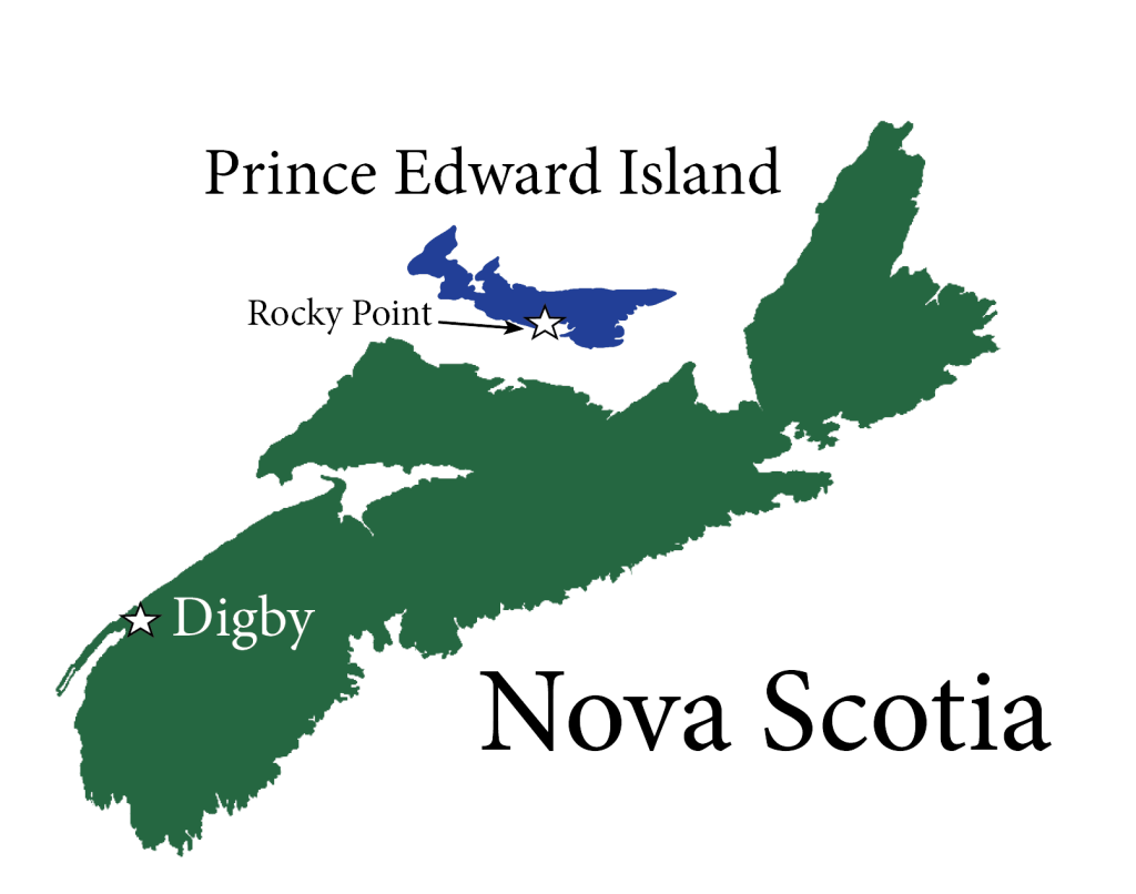 Map depicting Nova Scotia and Prince Edward Island showing the locations of Digby, NS and Rocky Point, PEI.