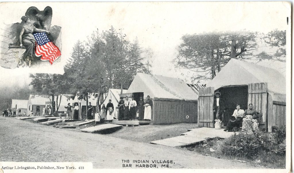 A grayscale image of a row of tents along a street. A group of people stand before each tent. Baskets can be seen with the nearest group.