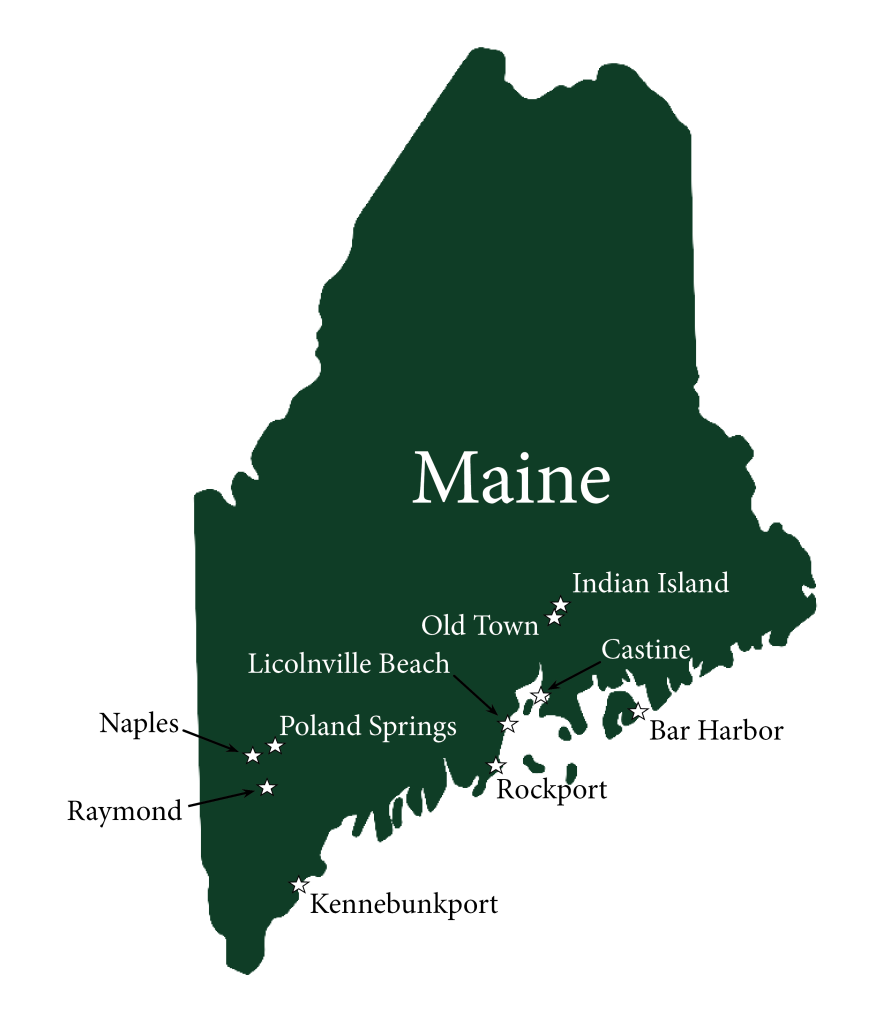 Map of the state of Maine showing the locations of Indian Island, Old Town, Castine, Bar Harbor, Lincolnville Beach, Rockport, Kennebunkport, Poland Springs, Naples, and Raymond.