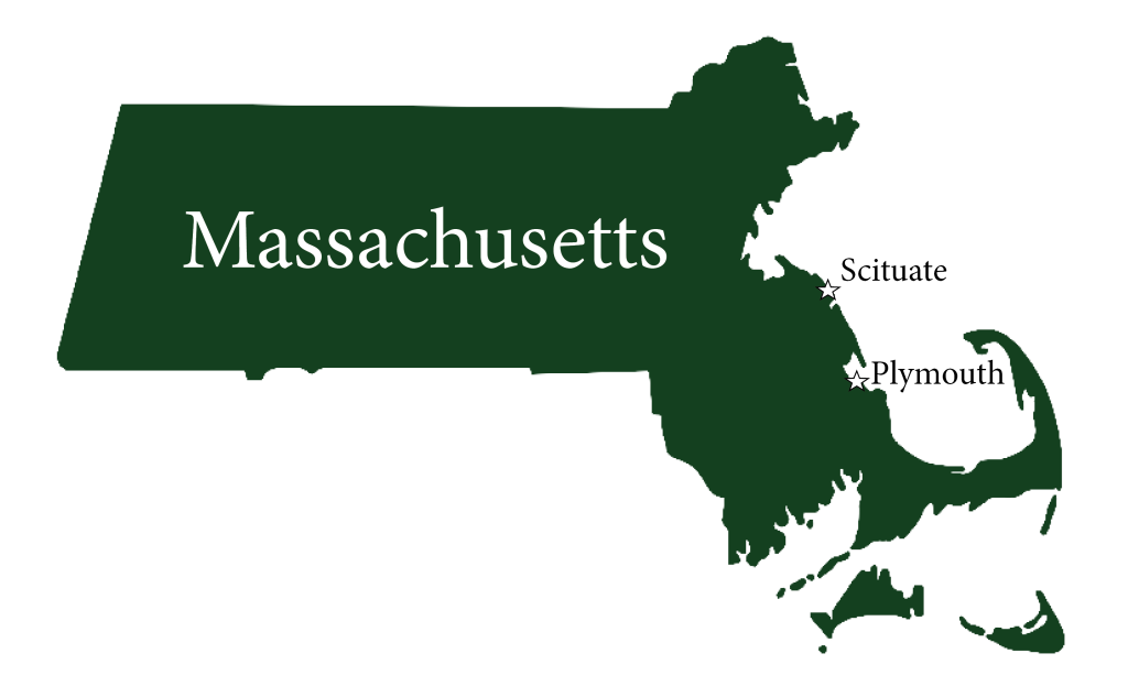 Map of the state of Massachusetts showing the locations of Scituate and Plymouth.