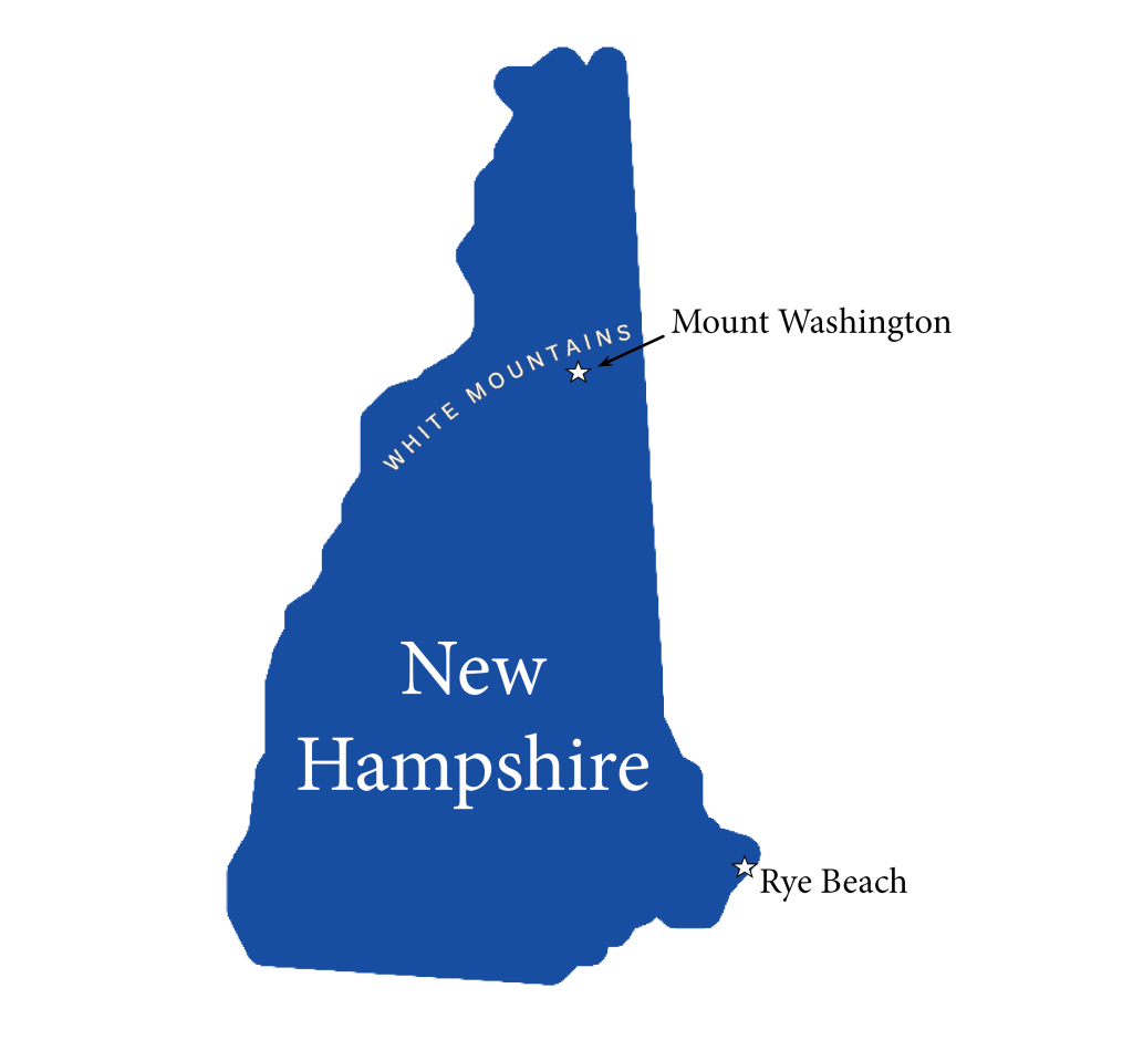 Map of the state of New Hampshire showing the locations of Rye Beach, the White Mountains, and Mt. Washington.