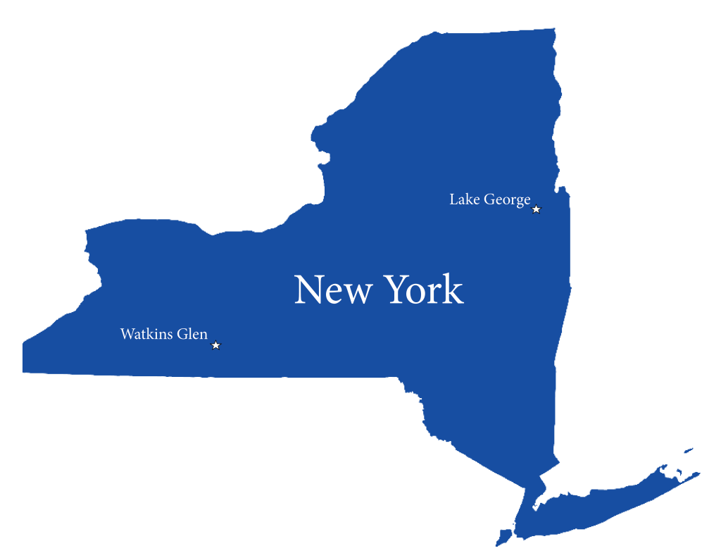 Map of the state of New York showing the locations of Lake George and Watkins Glen.