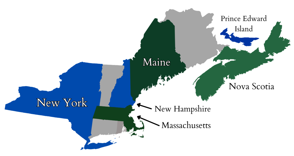 Map of the Northeast of the US and Canada. The States and Provinces of New York, Massachusetts, New Hampshire, Maine, New Brunswick, and Prince Edward Island are labeled.