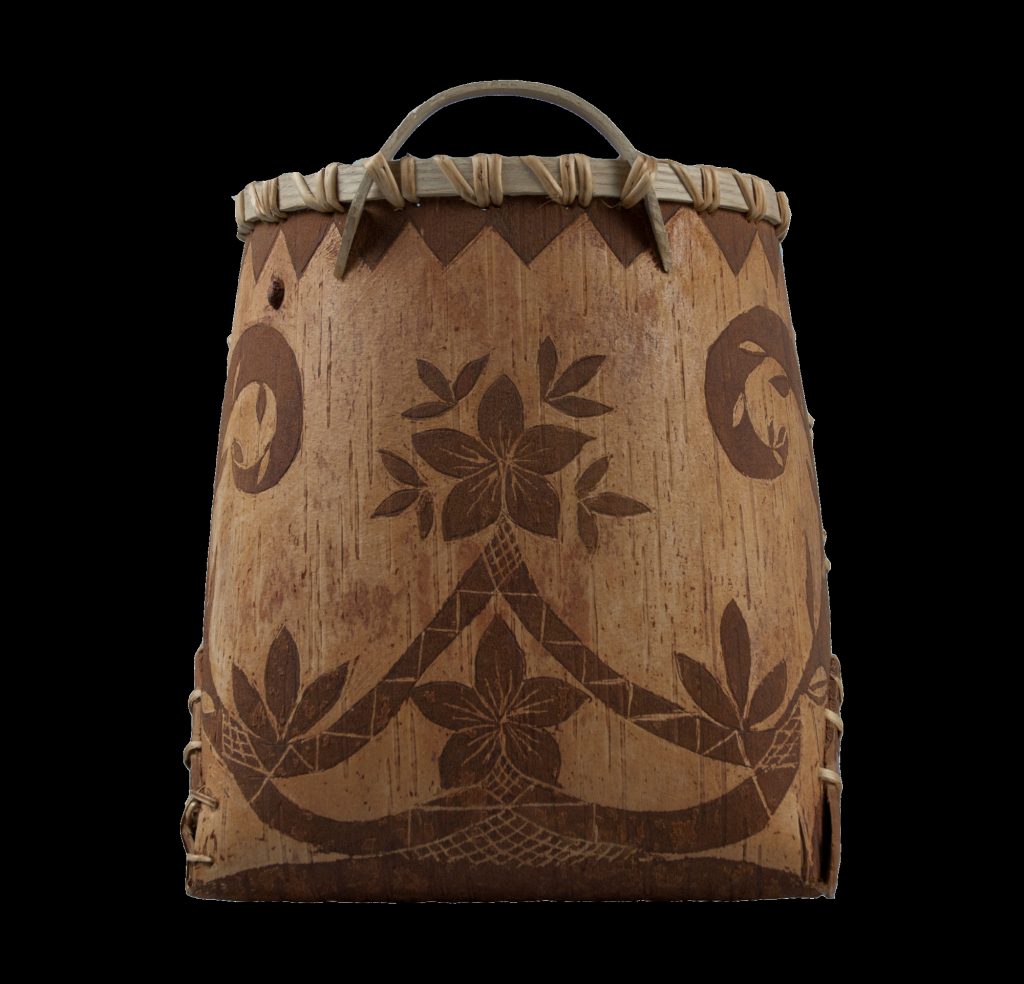 Birchbark container decorated with a double-curve motif.