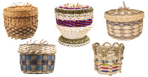 Image of five colorful and intricate baskets.