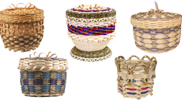 Image of five colorful and intricate baskets.