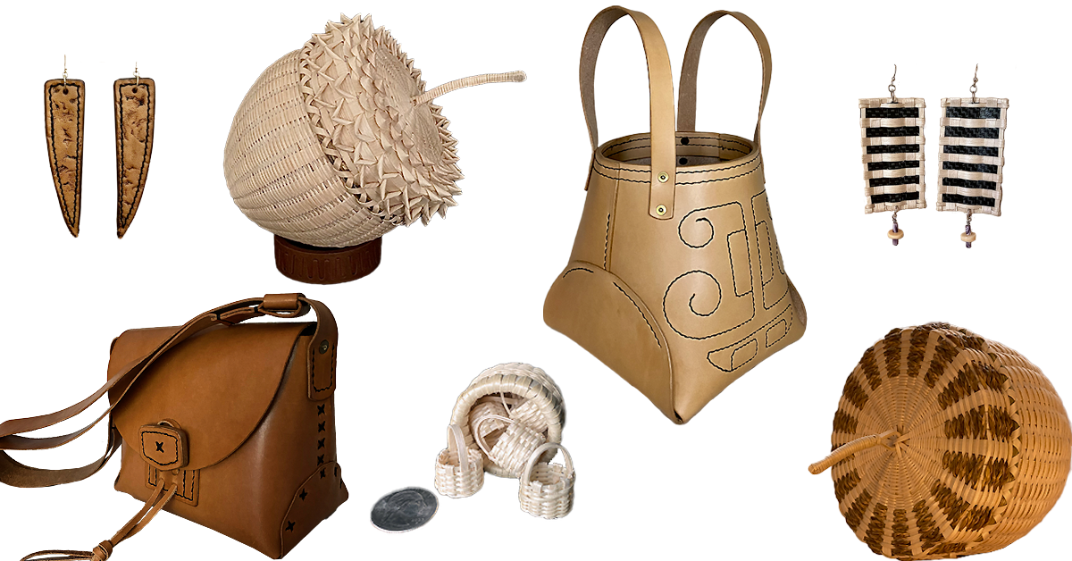 Images of handmade items including earrings, leather bags, and woven baskets.