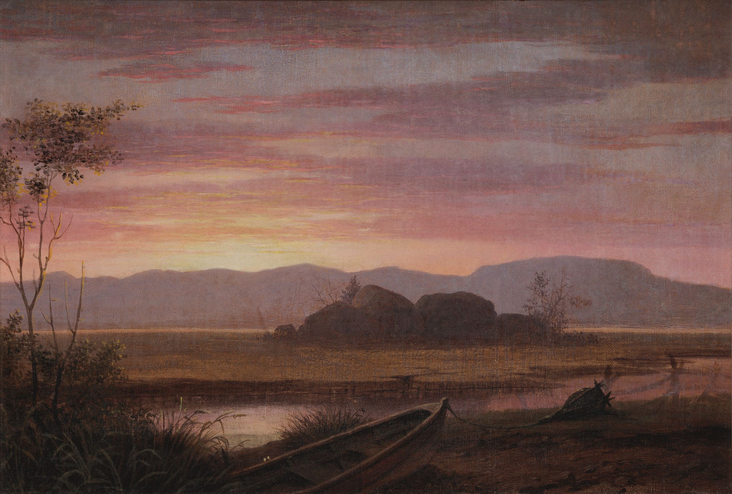 Painting of a landscape in soft tones with a canoe in the foreground, a river or wetland in the middle distance and mountains in silhouette in the background beneath a pink and lavender sky.